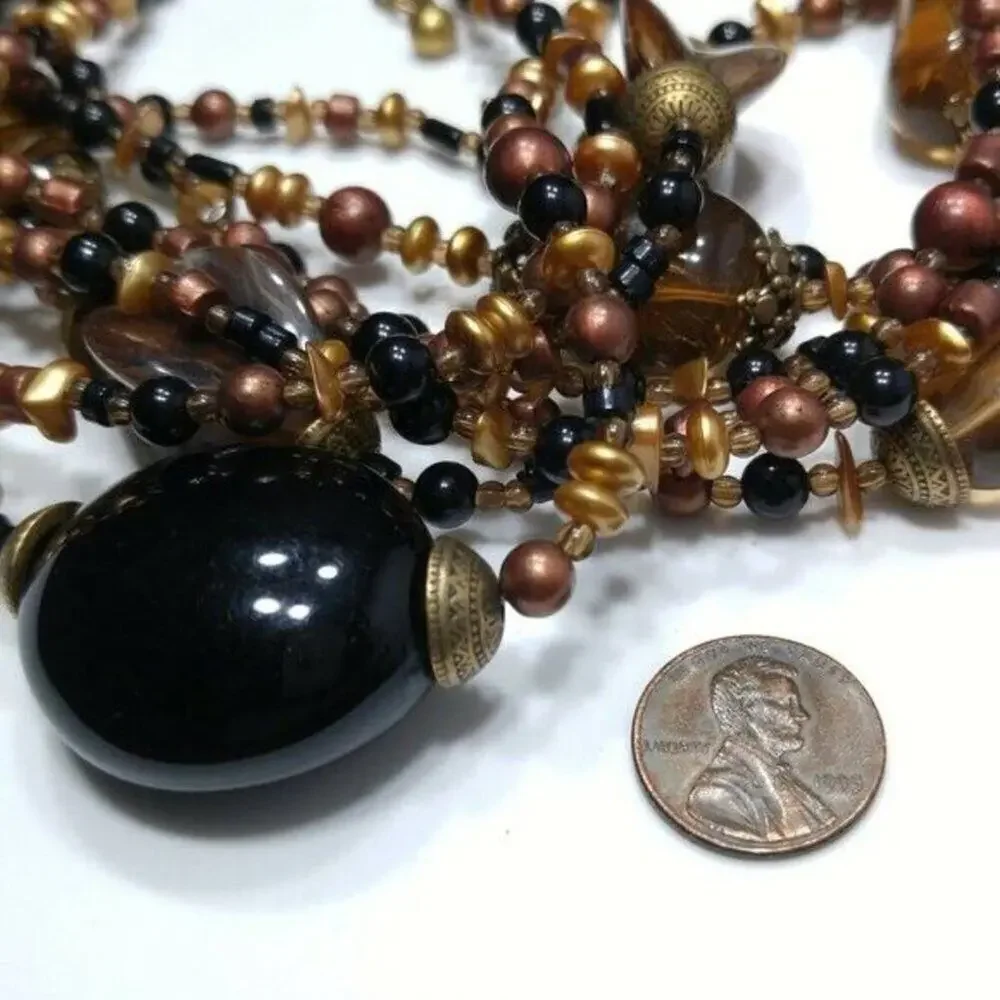 Chico's Lucite Multi-Strand Beaded Necklace, 9 Strand, Brown Black Gold, 20 Inch